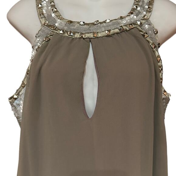Boston Proper Taupe And Sequin Neck Tunic Tie Waist Top Womens Medium - Picture 6 of 8